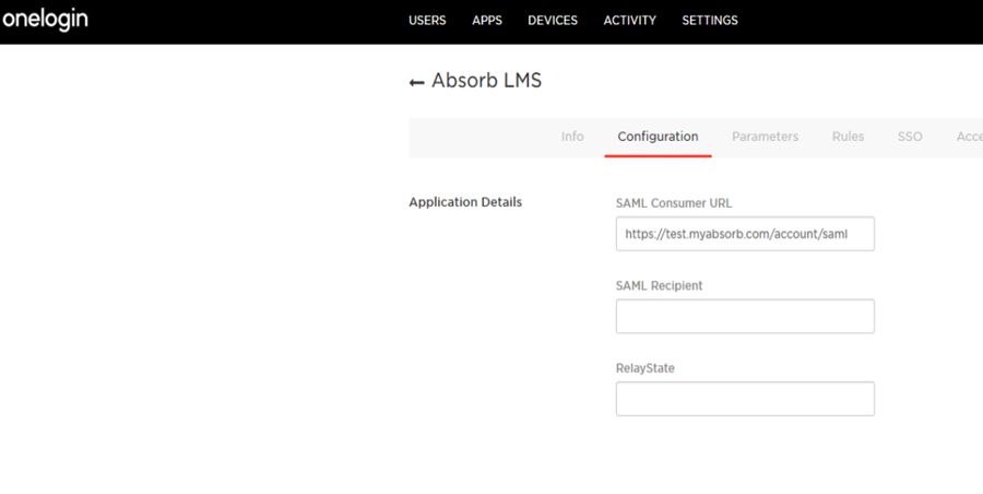 SAML Consumer URL field on the OneLogin Configuration tab