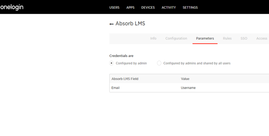 Parameters tab mapping Absorb user attributes in OneLogin