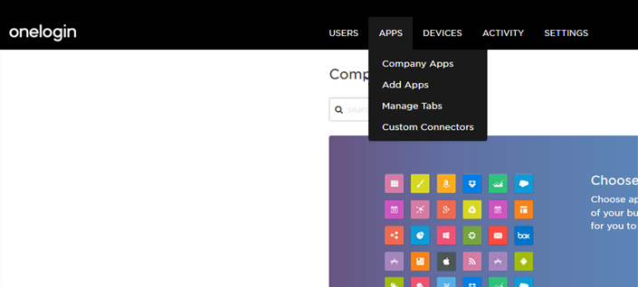 OneLogin Apps menu with the Add Apps option selected
