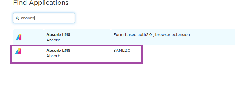 Absorb LMS SAML 2.0 app in the OneLogin app search results