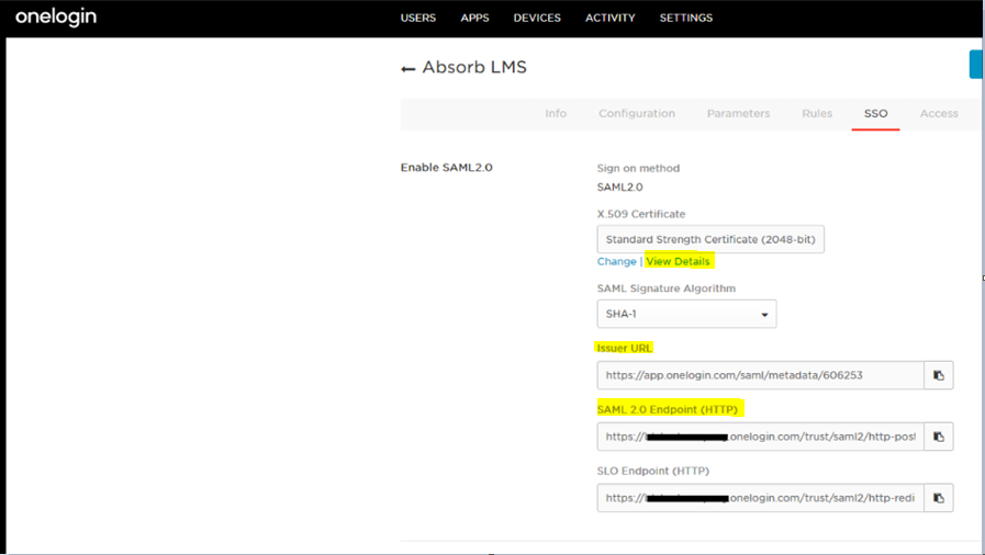 OneLogin SSO tab showing the SAML values to copy