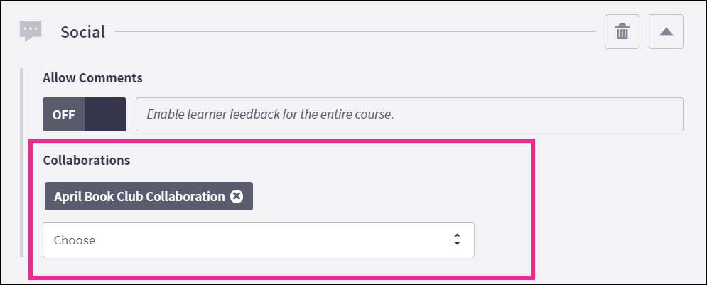 Social settings in a course showing the Collaborations field