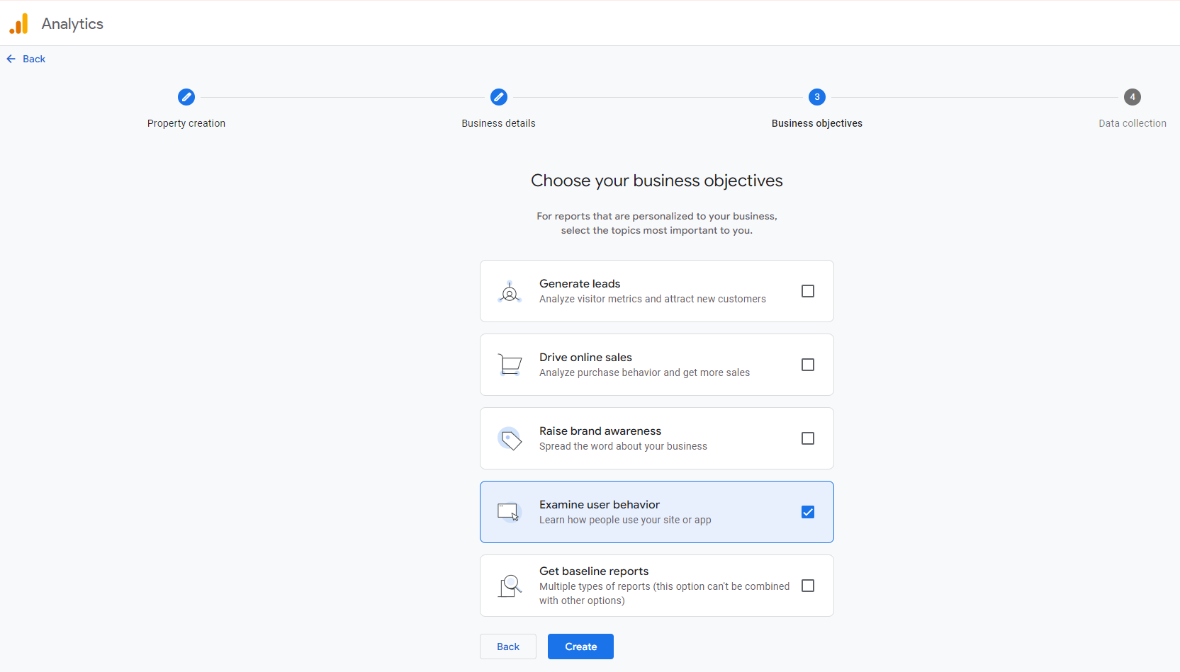 Google Analytics Interface for Choosing Business Objectives
