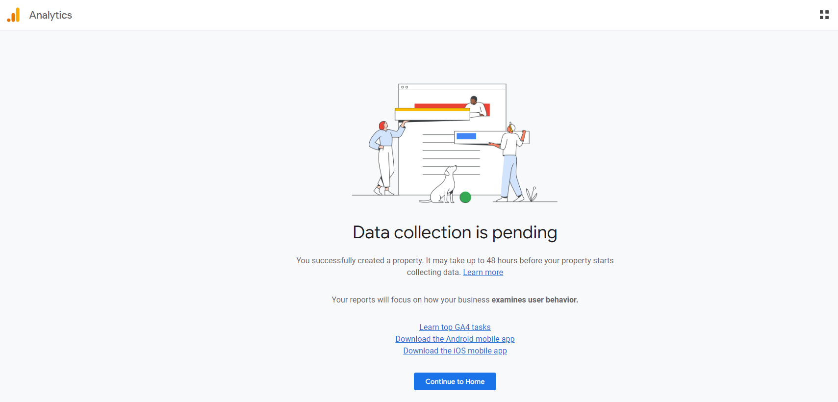 Google Analytics Interface Indicating Data Collection is Pending