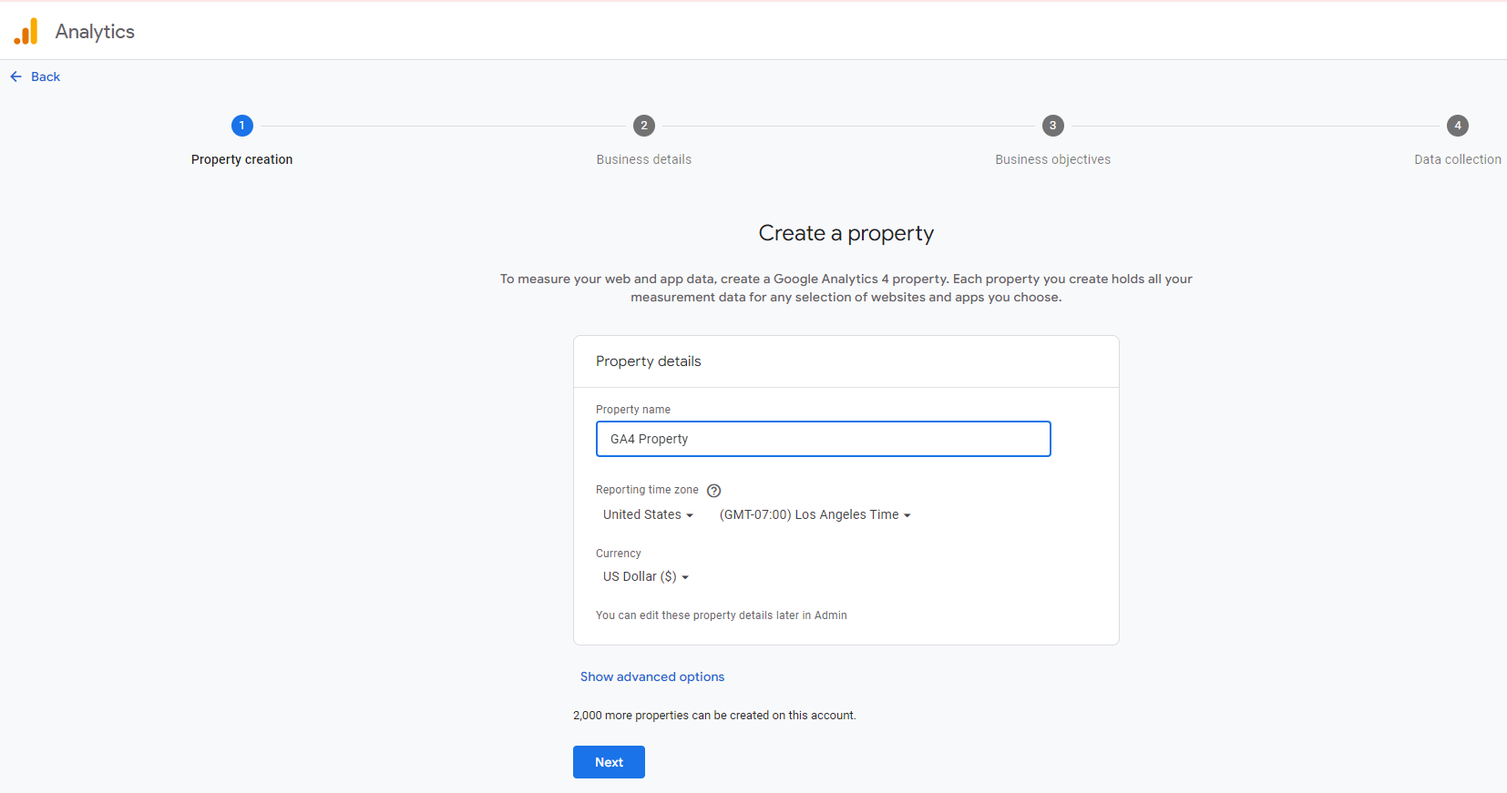 Google Analytics Interface for Creating a Property
