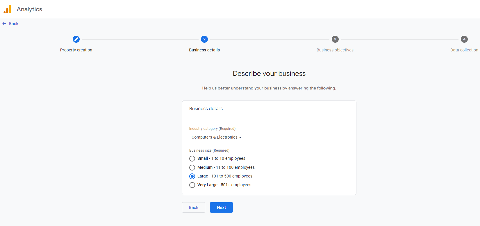 Google Analytics Interface for Describing Your Business