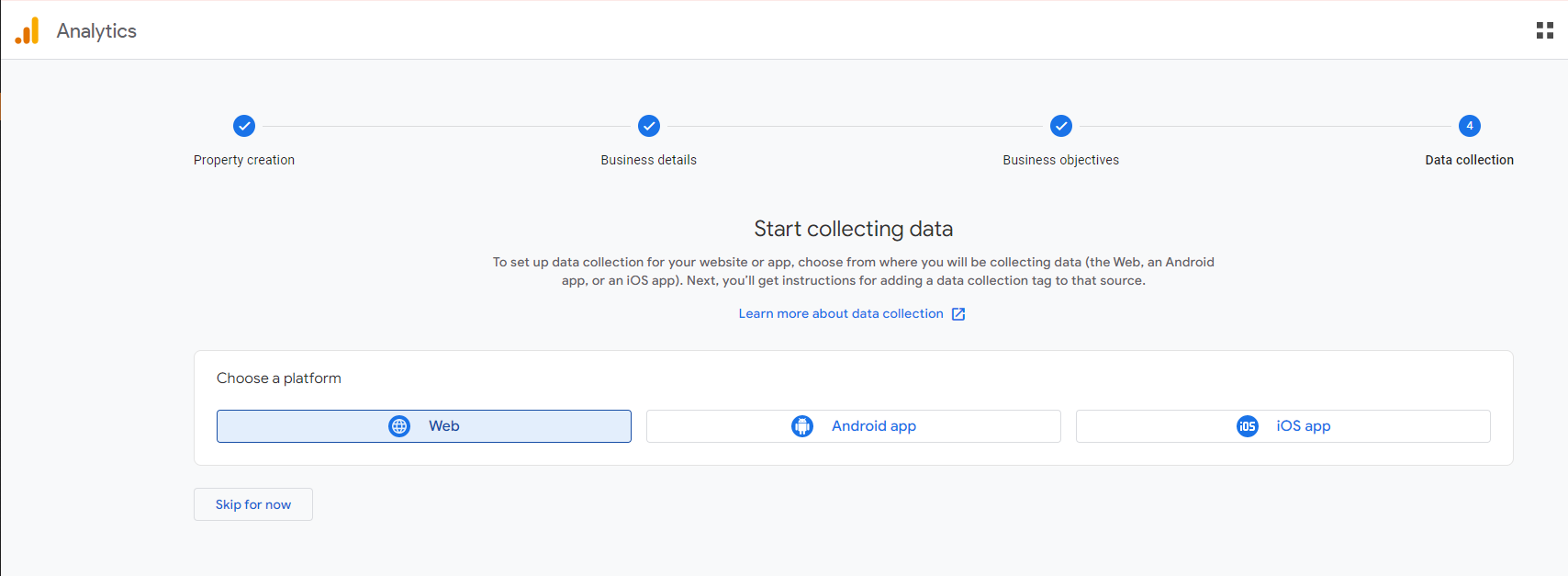 Google Analytics Inteface for Starting to Collect Data