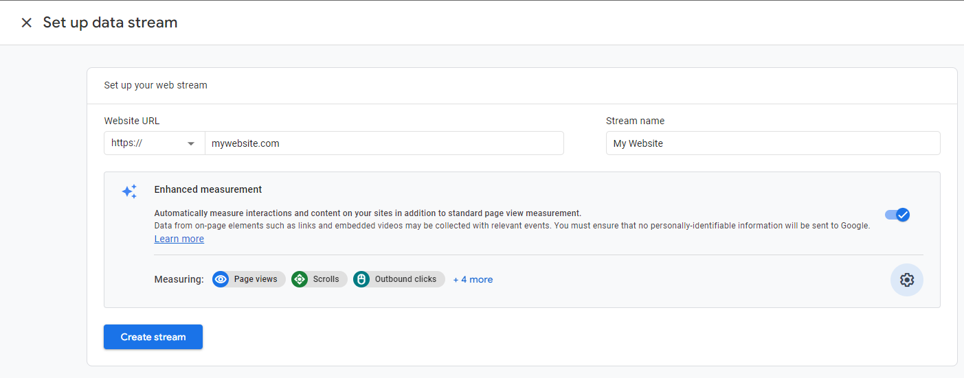 Google Analytics Interface for Setting Up a Data Stream