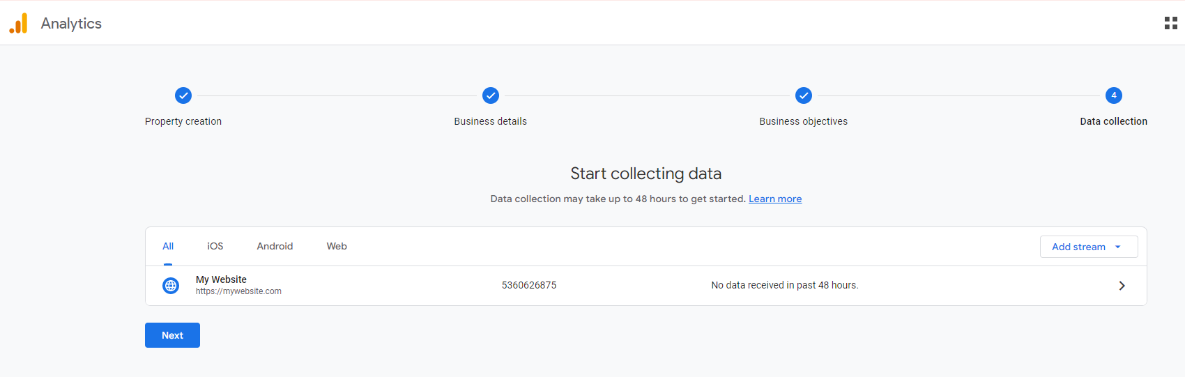 Google Analytics Interface for Starting to Collect Data With 'My Website' Present