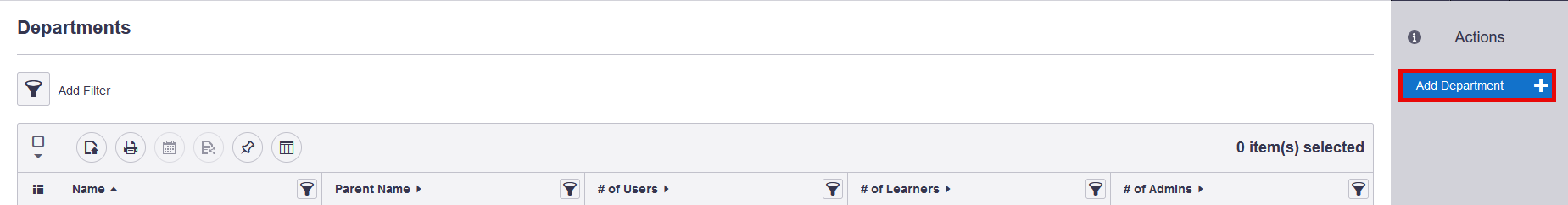 Add Department button under the Actions menu on the right-hand side of the Departments Report