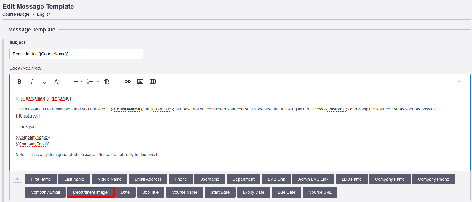 Department Image snippet available within a Message Template editor