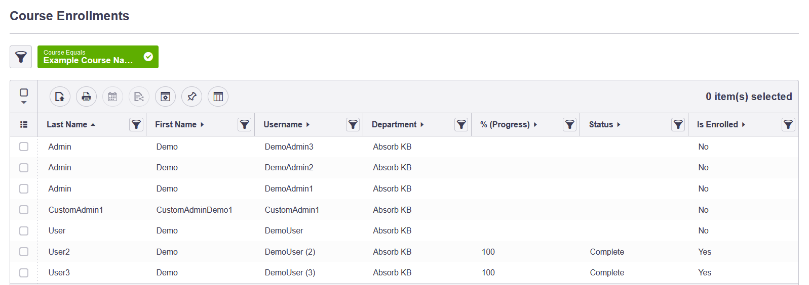 Course Enrollments Report showing enrolled User data