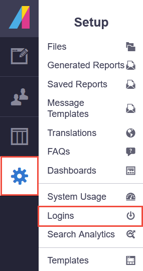 Logins Report accessed through the Setup tab