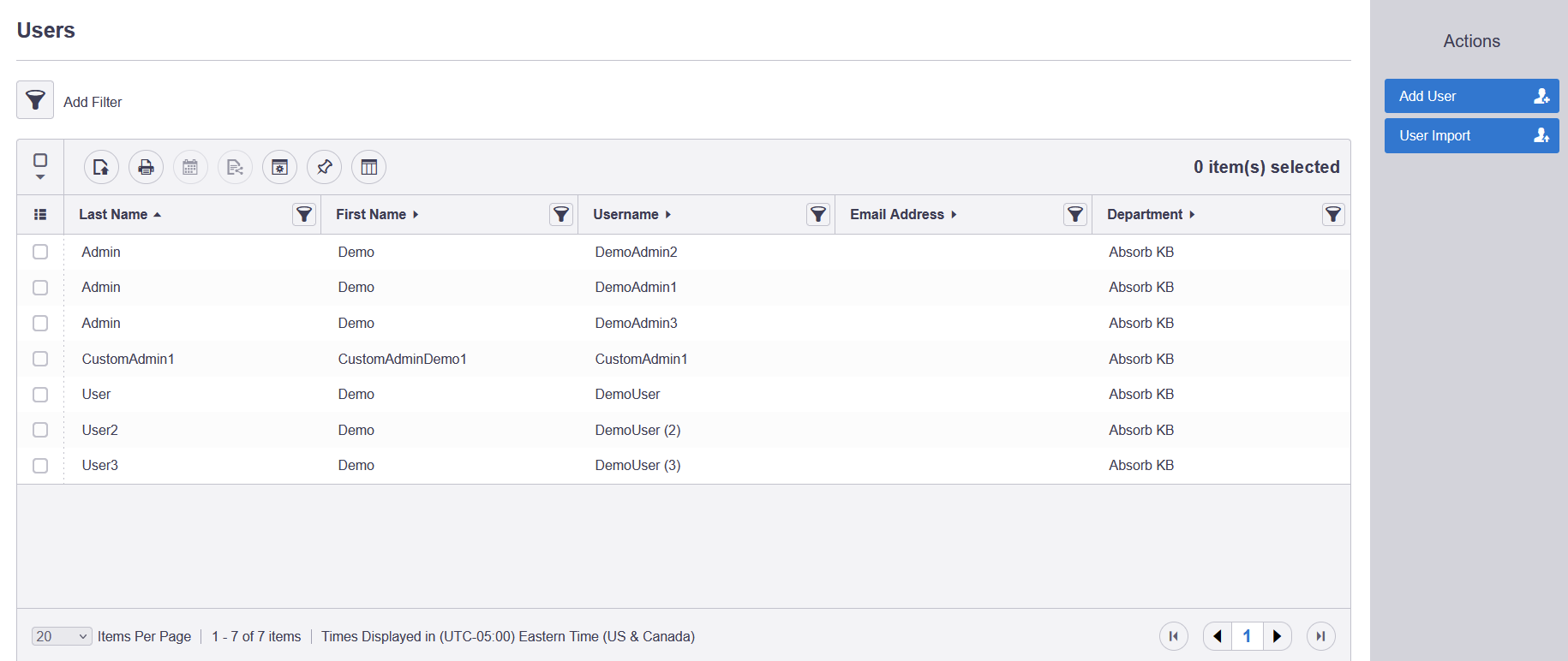 Users Report with the Actions menu showing options for selected Users