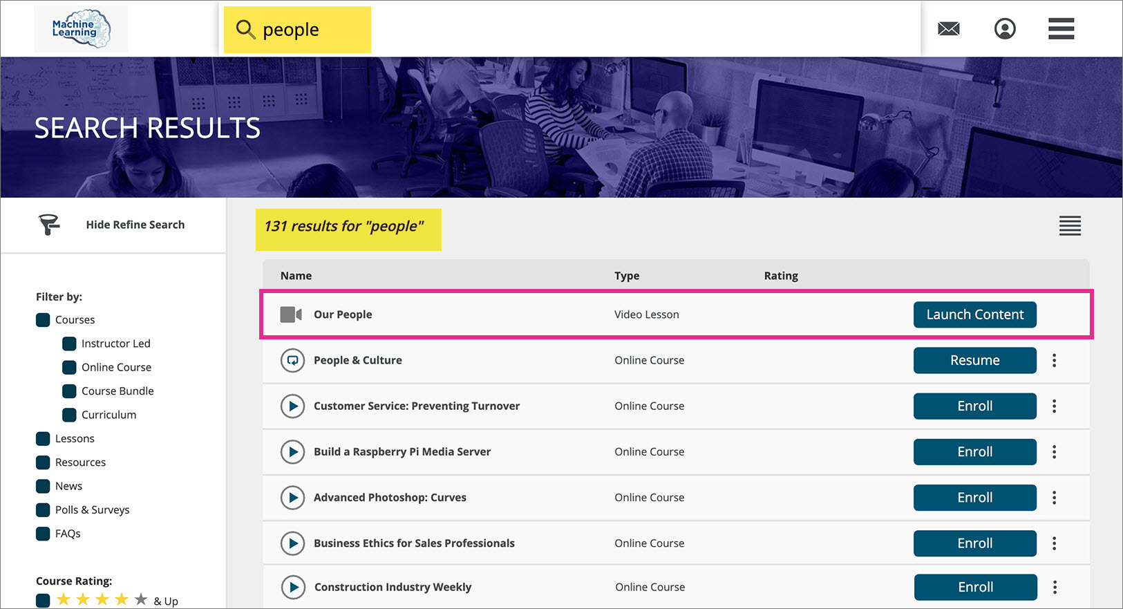 Learner Experience search results showing a Video Lesson result