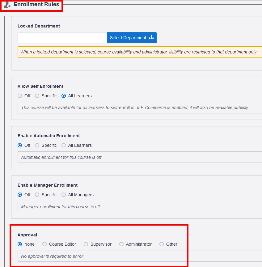 Availability tab showing course enrollment approval settings