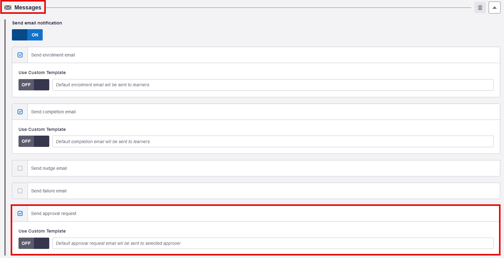 Messages tab showing Approval Request message toggle