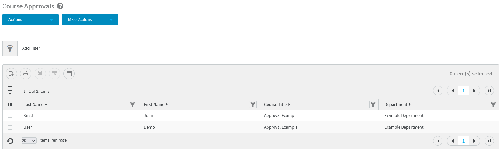 Approvals report listing enrollments pending approval