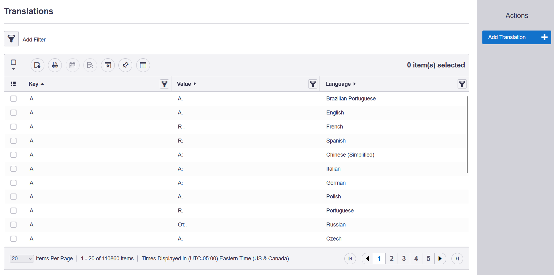 Translations Report showing available translation entries