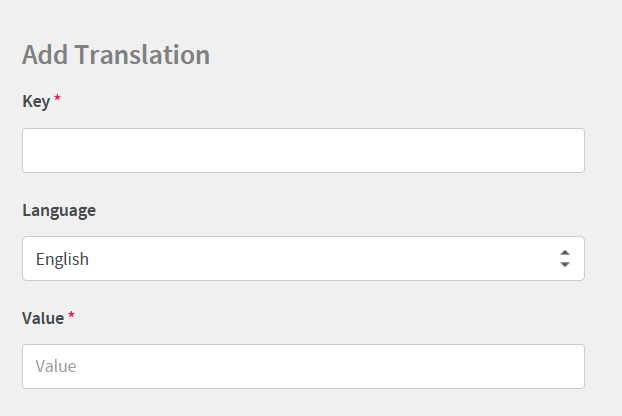 Add Translation workspace with Key, Language, and Value fields