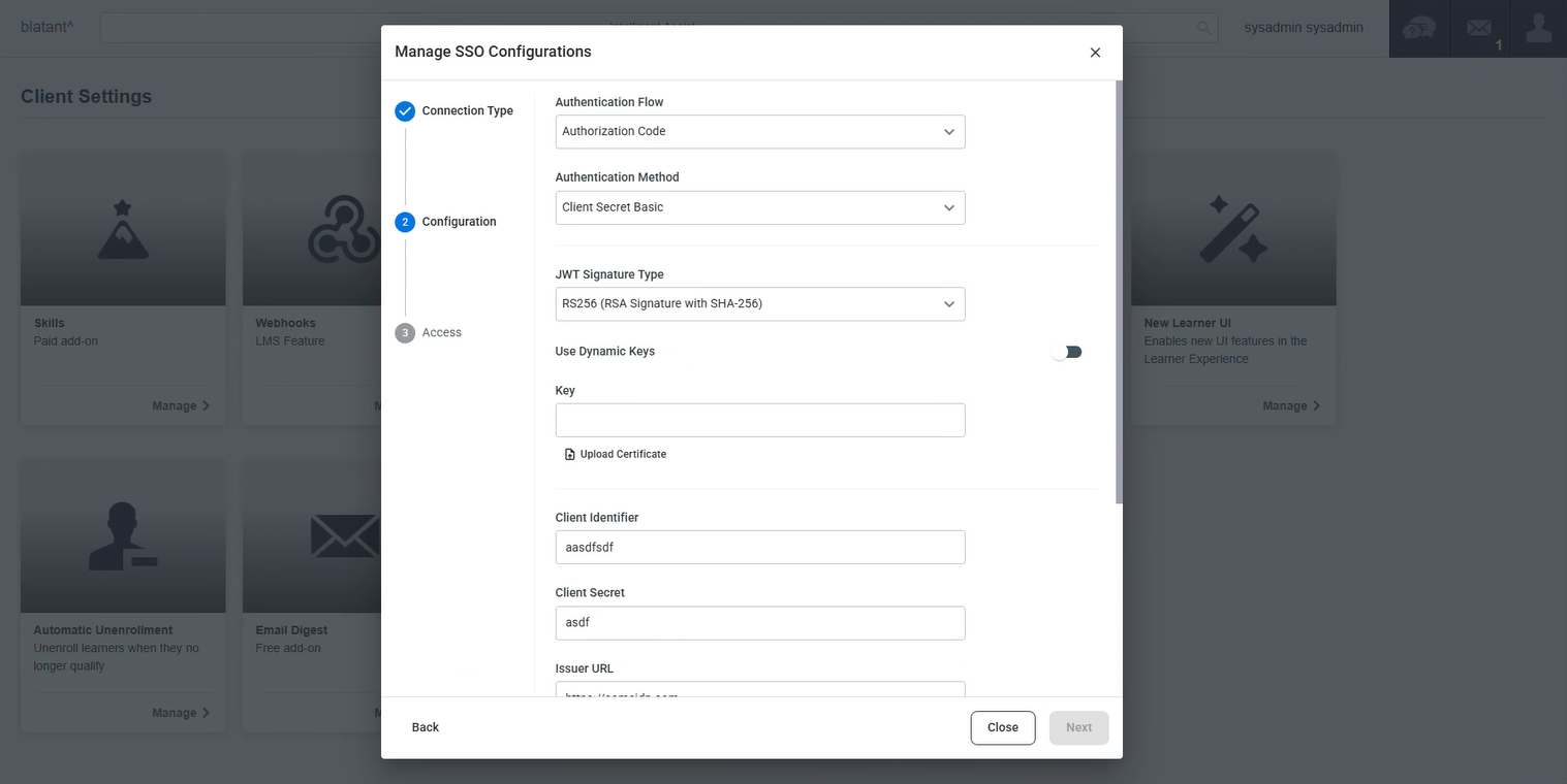 OIDC configuration in Absorb LMS showing RS256 selected without Use Dynamic Keys enabled.