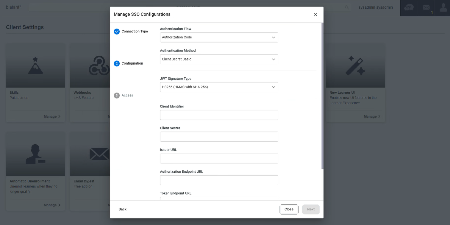 OIDC configuration in Absorb LMS showing HS256 selected and core fields for authentication.