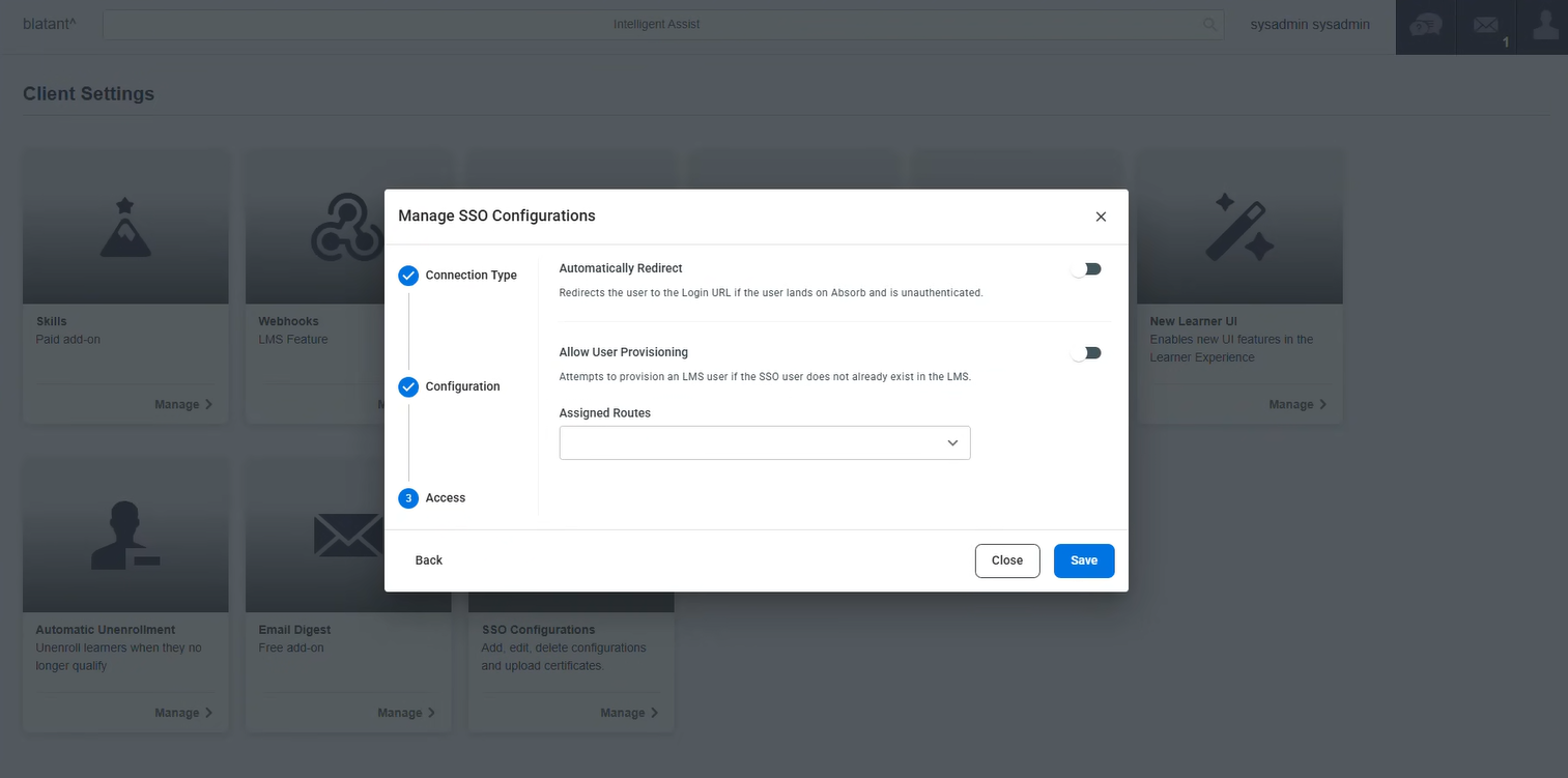 Access settings in Absorb LMS showing Allow User Provisioning and route assignment options for OIDC.