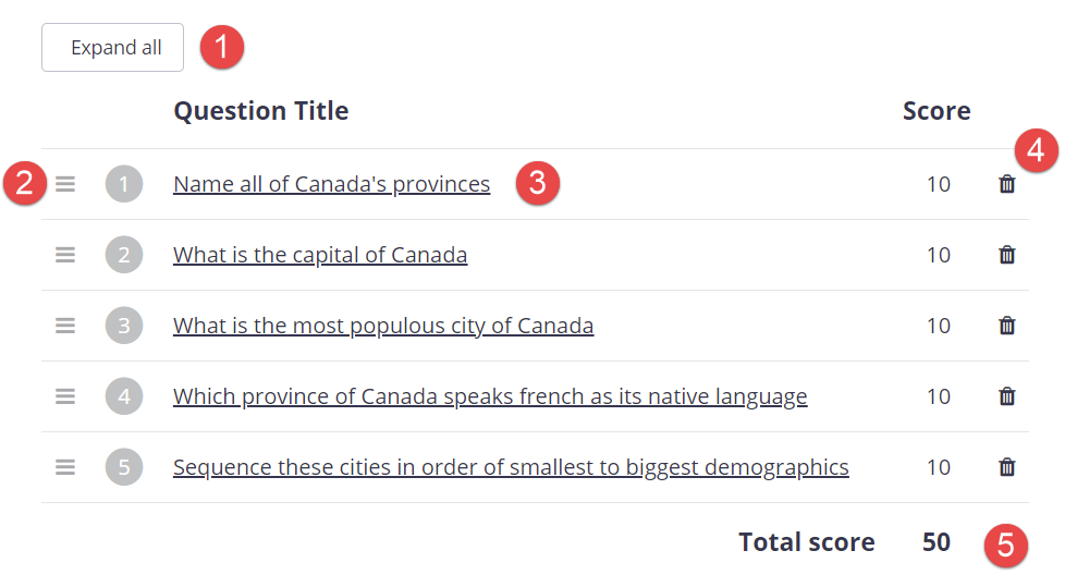 Quiz Page center area showing question list controls
