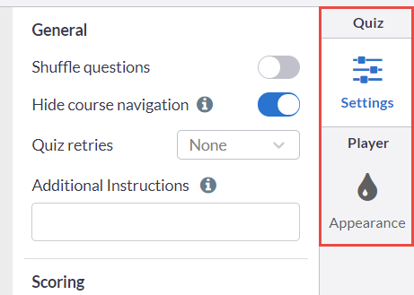 Side panel showing Quiz Settings and Player Appearance categories