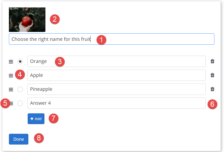 Question setup view showing all customizable parameters