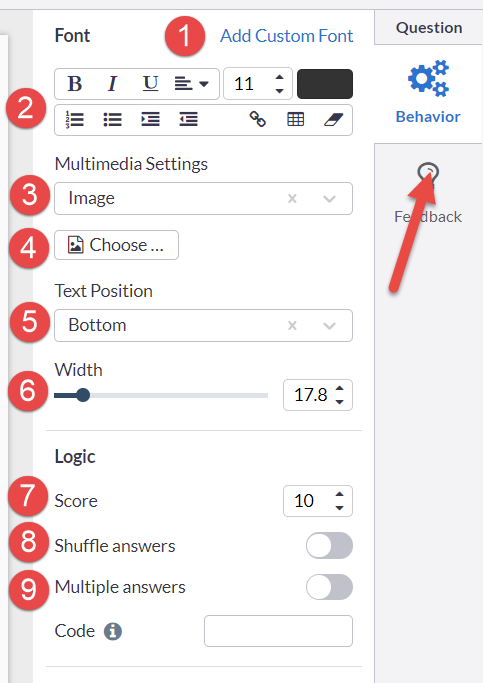 Behavior panel for a quiz question
