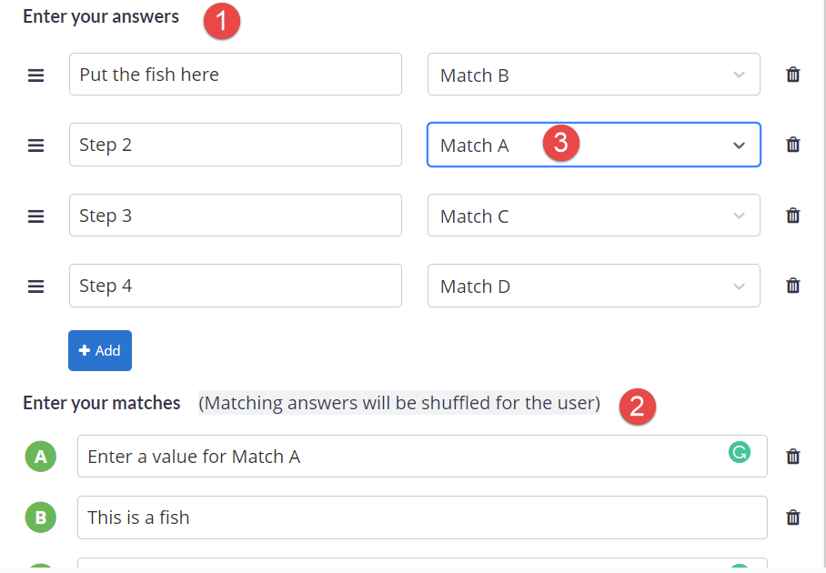 Matching question setup with answers, matches, and pairings