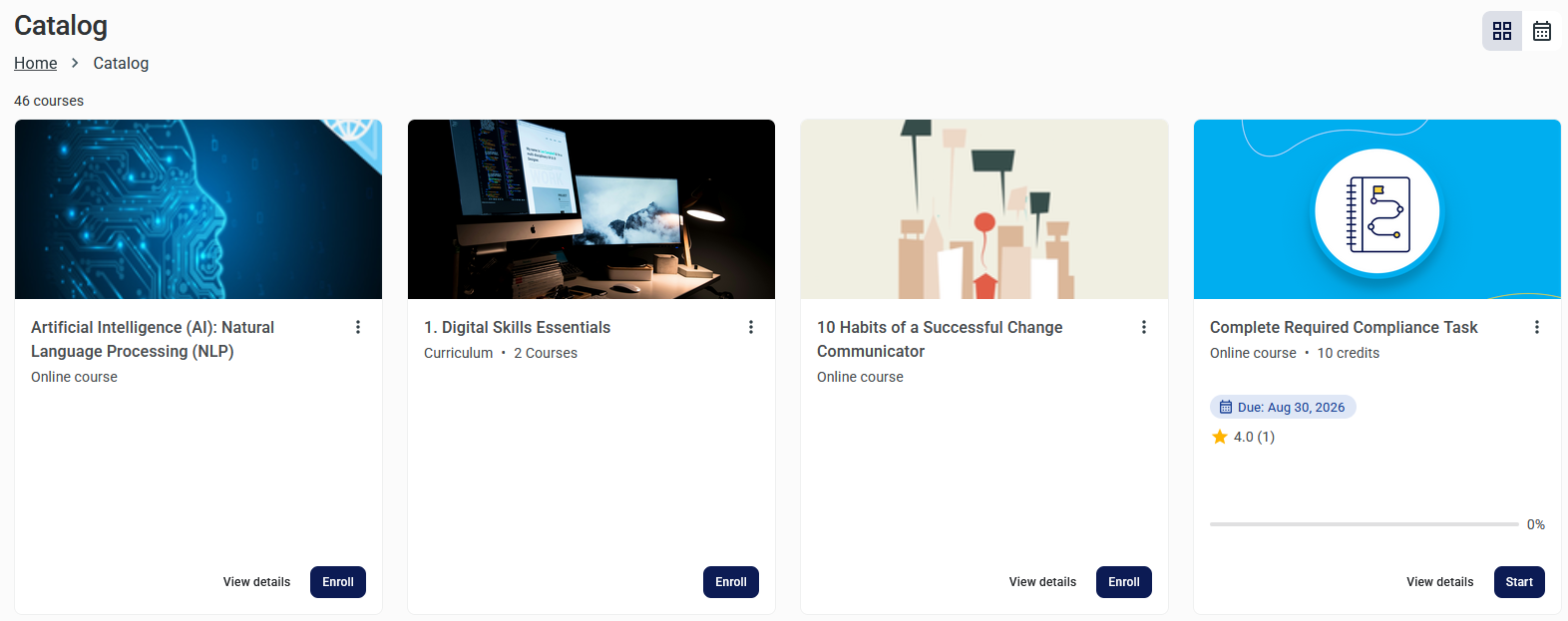 Redesigned Course Cards with updated action buttons and indicators