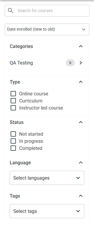New left-side filter panel for My Courses, Catalog, and Search Results