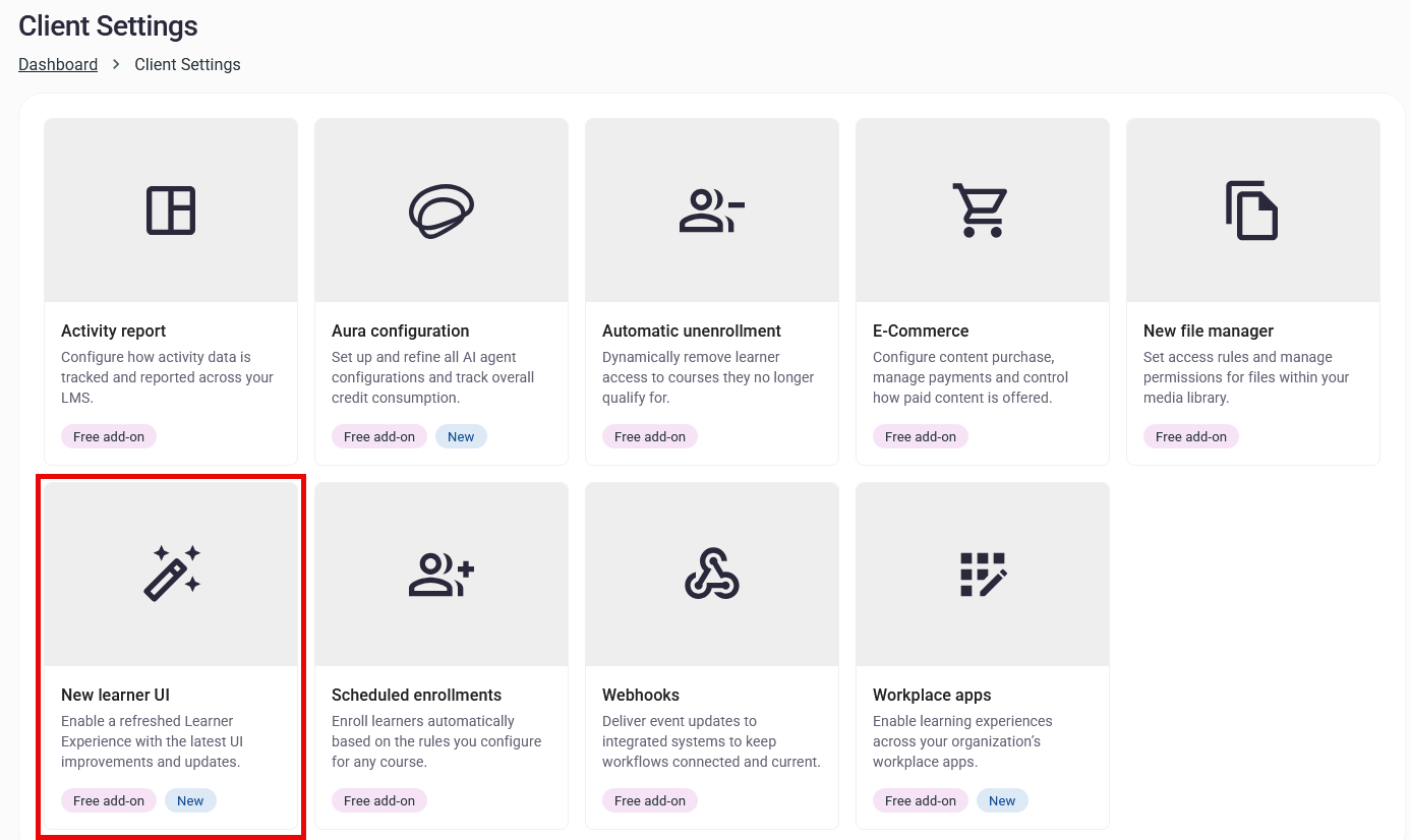 New learner UI option within Client Settings