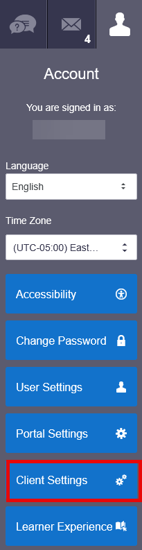 Client Settings menu in the Admin Experience sidebar