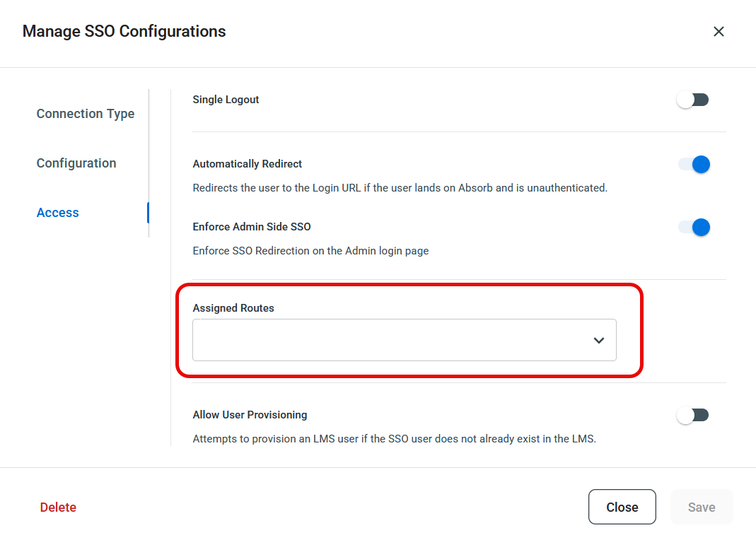Assigned Routes field in the Access step of SSO configuration