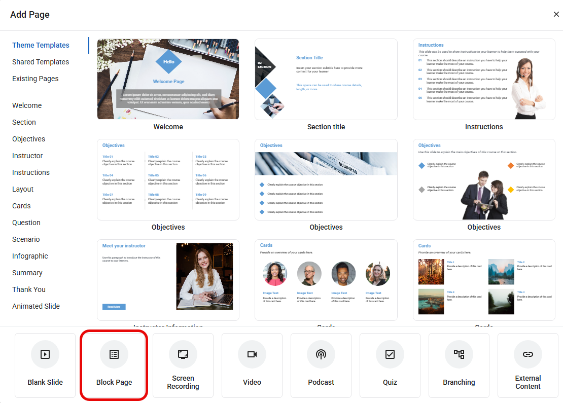 Add Page window with the Block Page option