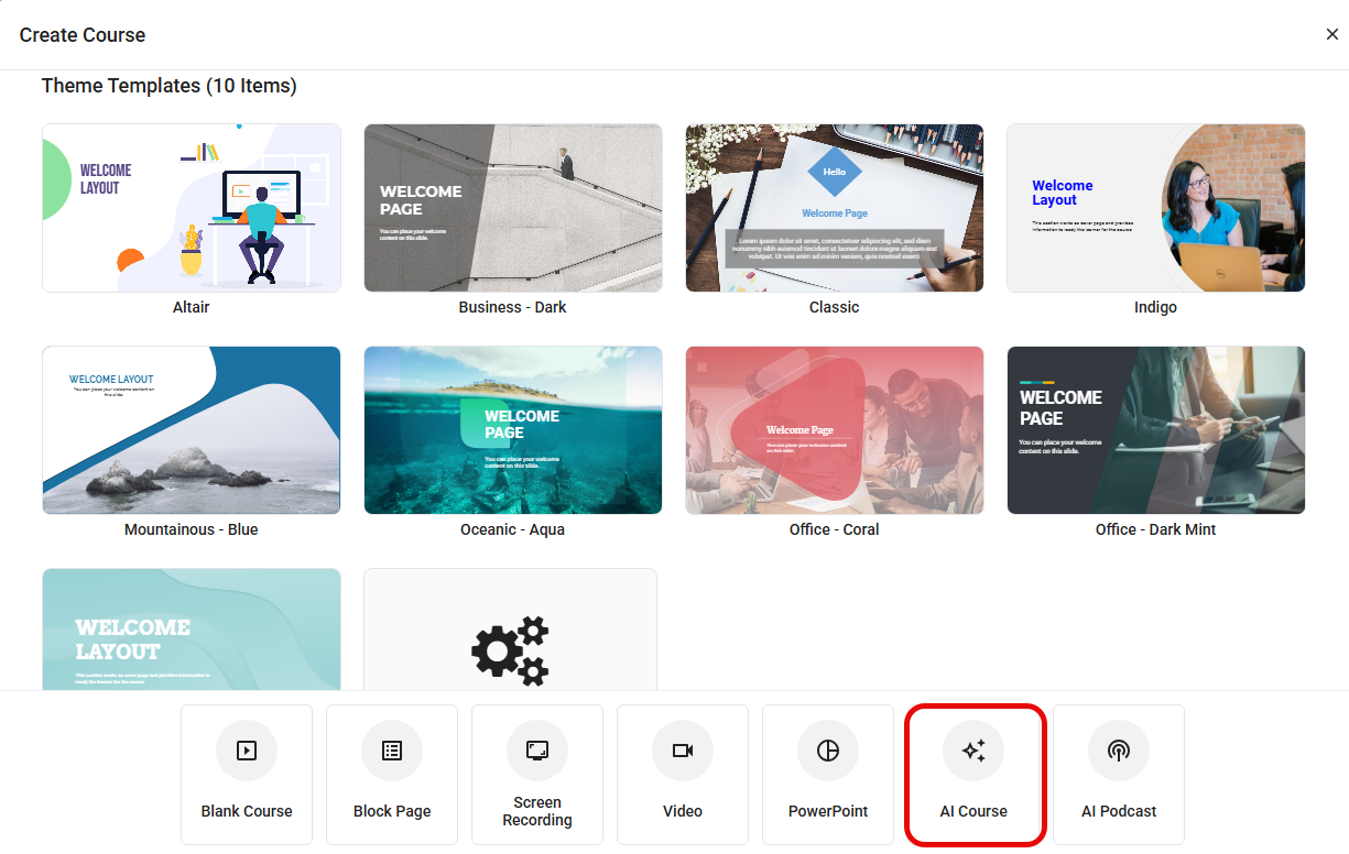 AI Course option in the Create menu