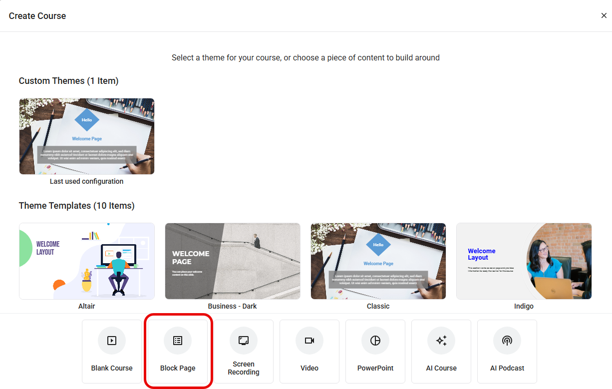 Block Page option in the Add Page menu