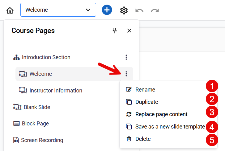 Page parameters menu showing Rename, Duplicate, Replace page content, Save as a new slide template, and Delete options