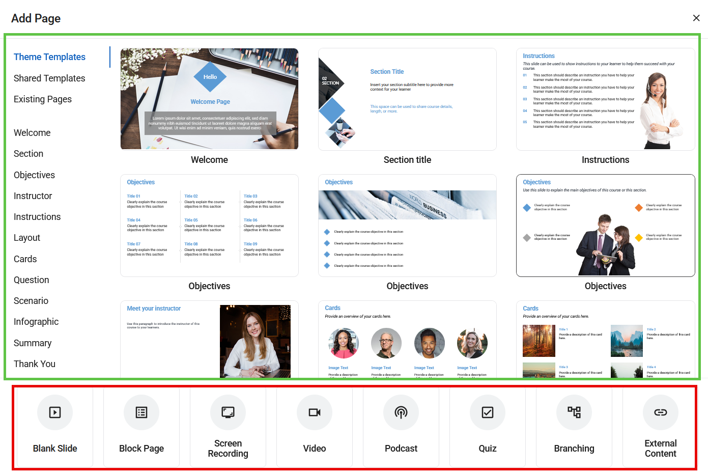 Add Page menu with Slide Templates outlined in green and Empty Slides outlined in red
