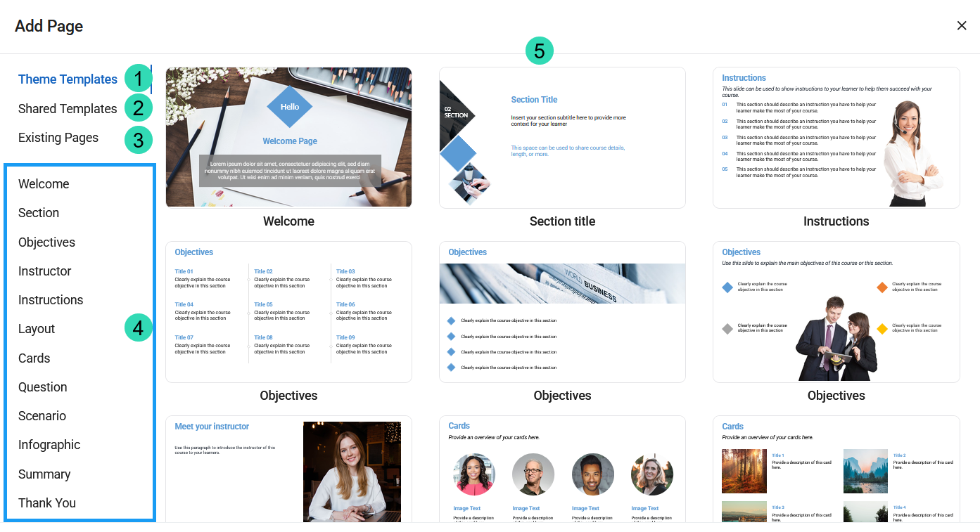 Slide Templates section of the Add Page menu with Categories on the left and Page Templates on the right