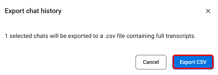 Export chat history modal with the Export CSV button