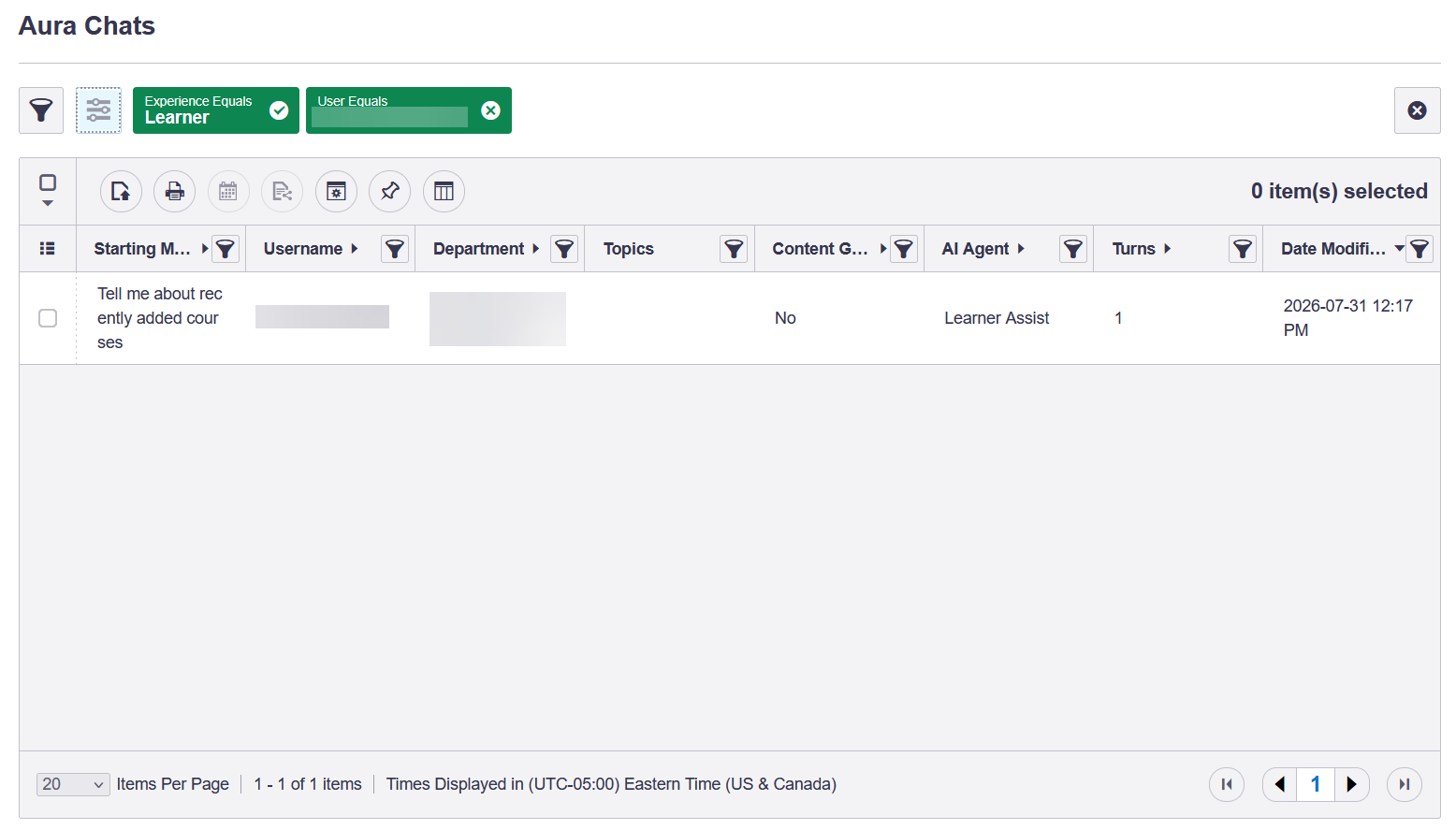 Aura Chats Report showing conversations from the Learner Experience for a single User