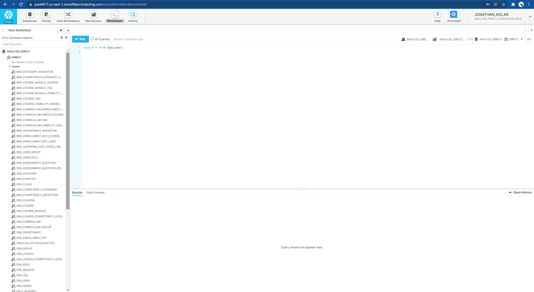 Snowflake web interface showing how to connect and open a worksheet